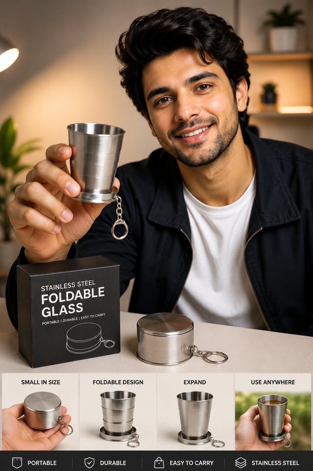 Foldable Stainless Steel Glass 120ml – Portable Travel Cup, Compact Pocket Folding Drinking Glass, Reusable Mini Steel Tumbler for Travel, Camping & Outdoor Use